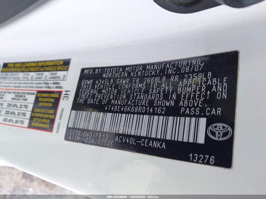 2008 Toyota Camry VIN: 4T4BE46K68R014162 Lot: 43836806