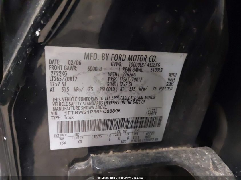 2006 Ford F-250 Lariat/Xl/Xlt VIN: 1FTSW21P36EC88896 Lot: 43836818