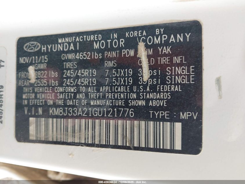 2016 Hyundai Tucson Limited VIN: KM8J33A21GU121776 Lot: 43836824