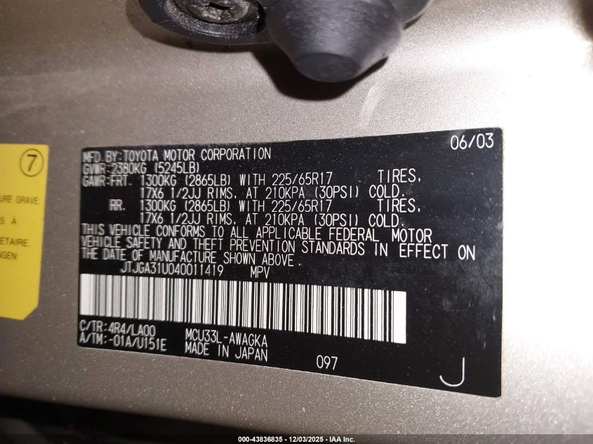 2004 Lexus Rx 330 VIN: JTJGA31U040011419 Lot: 43836835