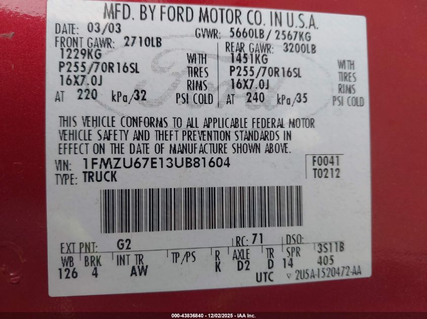 2003 Ford Explorer Sport Trac Xls/Xlt VIN: 1FMZU67E13UB81604 Lot: 43836840