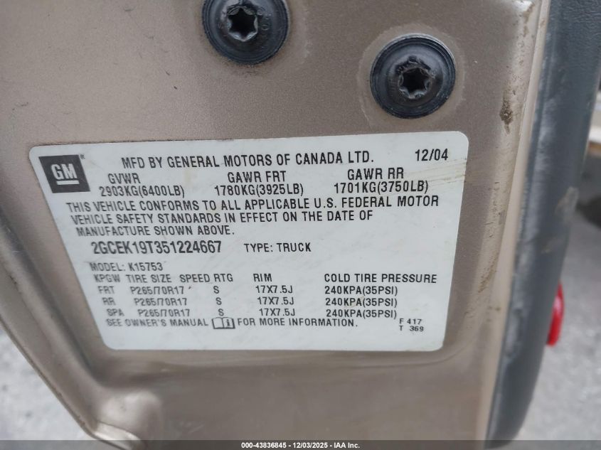 2005 Chevrolet Silverado 1500 Z71 VIN: 2GCEK19T351224667 Lot: 43836845