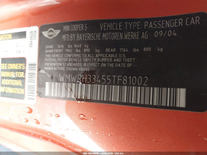 2005 Mini Cooper S VIN: WMWRH33455TF81002 Lot: 43836850