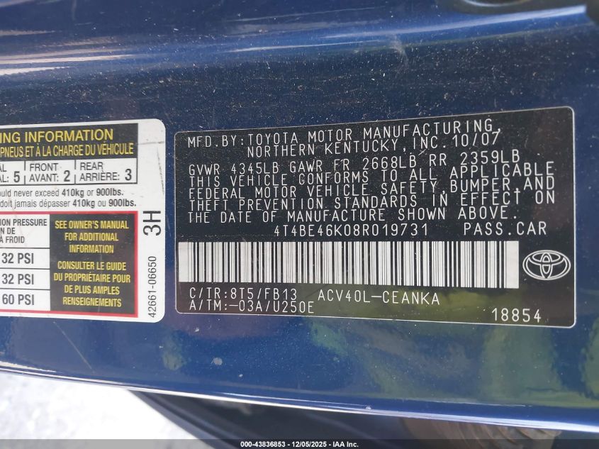 2008 Toyota Camry Le VIN: 4T4BE46K08R019731 Lot: 43836853