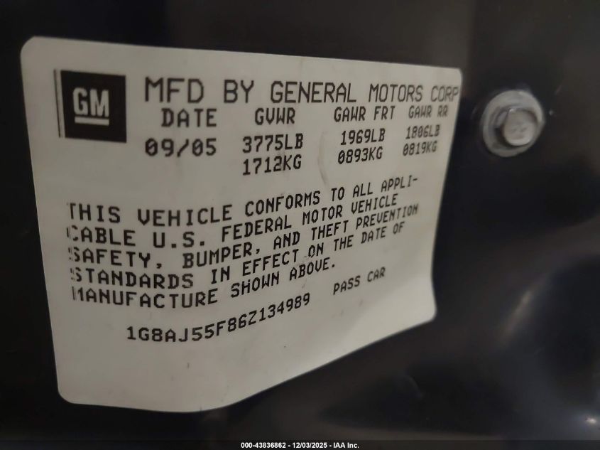 2006 Saturn Ion 2 VIN: 1G8AJ55F86Z134989 Lot: 43836862