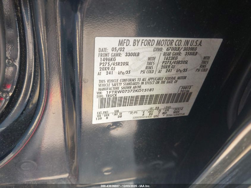 2002 Ford F-150 Lariat VIN: 1FTRW07372KD15181 Lot: 43836887