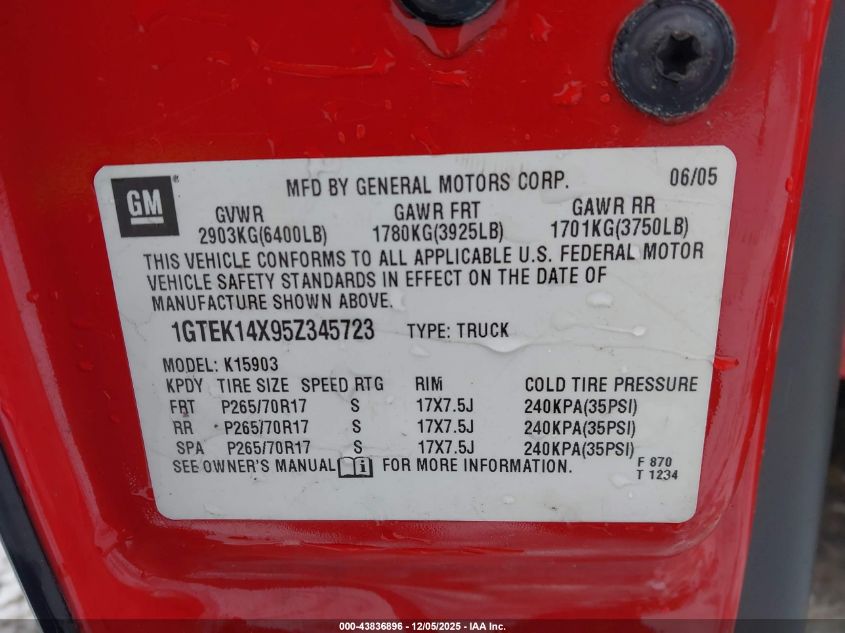 2005 GMC Sierra 1500 Work Truck VIN: 1GTEK14X95Z345723 Lot: 43836896