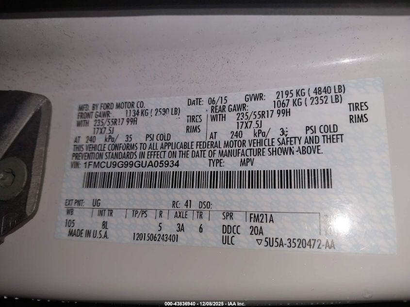 2016 Ford Escape Se VIN: 1FMCU9G99GUA05934 Lot: 43836940