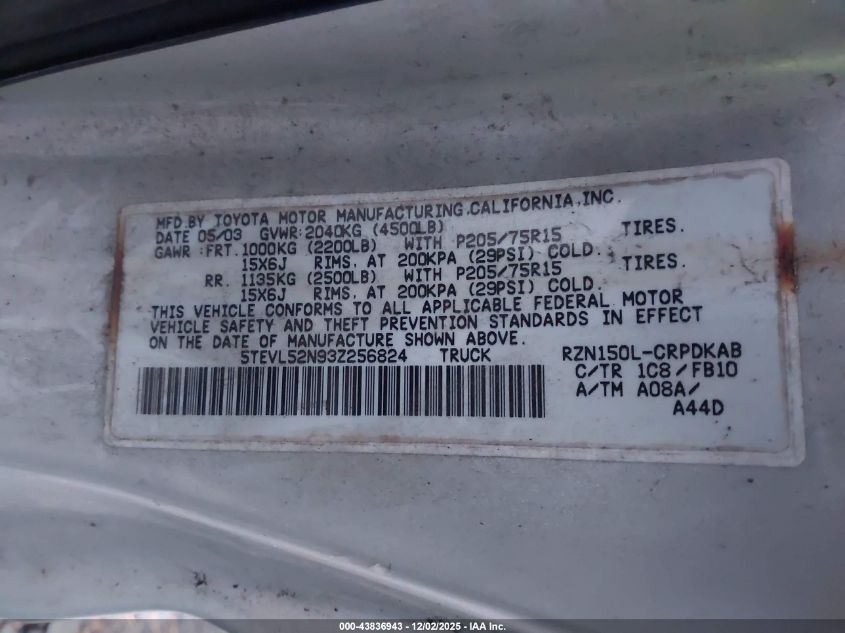 2003 Toyota Tacoma VIN: 5TEVL52N93Z256824 Lot: 43836943
