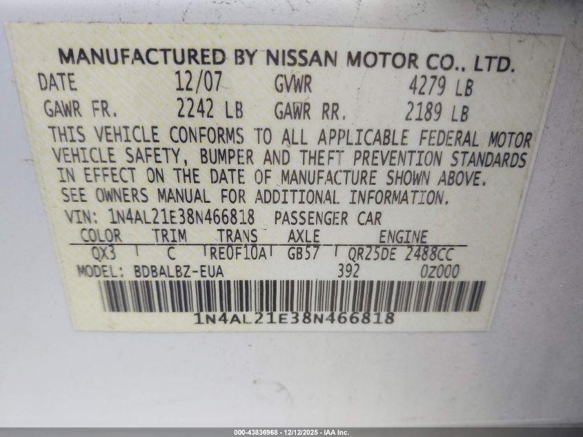 2008 Nissan Altima 2.5 S VIN: 1N4AL21E38N466818 Lot: 43836968