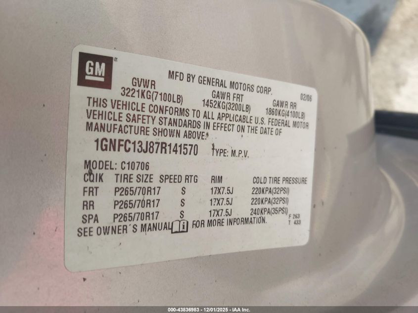 2007 Chevrolet Tahoe Lt VIN: 1GNFC13J87R141570 Lot: 43836983