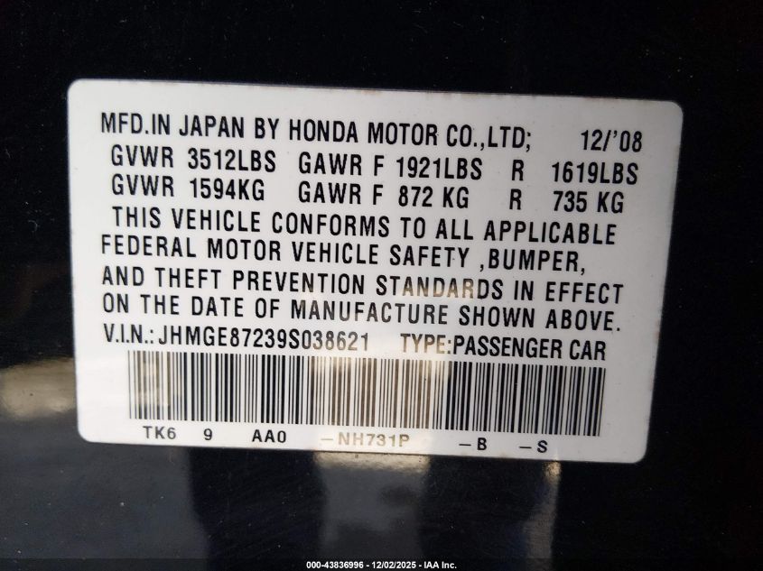 2009 Honda Fit VIN: JHMGE87239S038621 Lot: 43836996