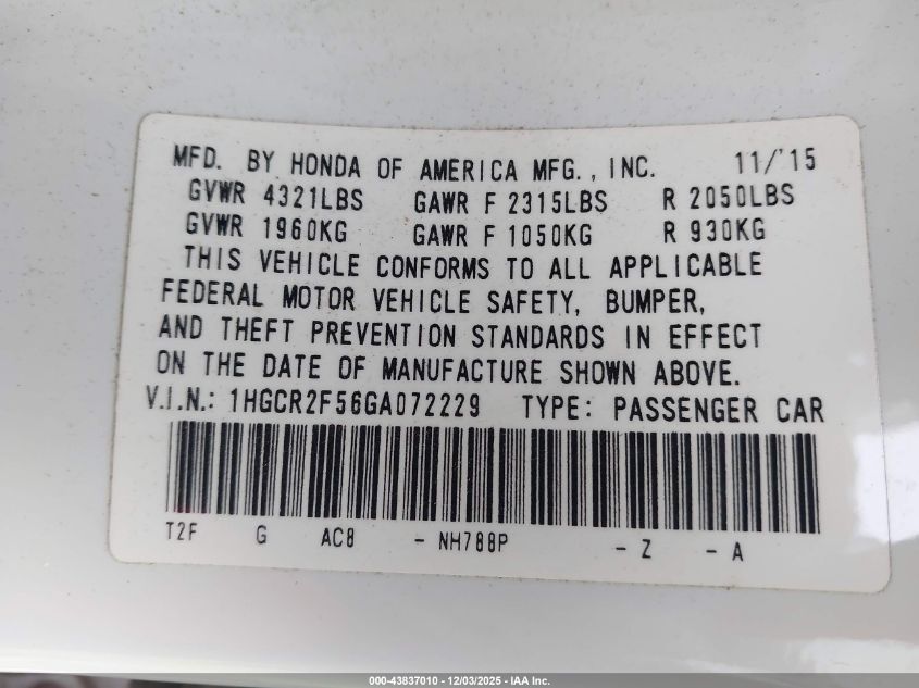 2016 Honda Accord Sport VIN: 1HGCR2F56GA072229 Lot: 43837010