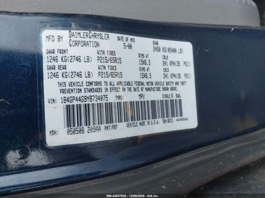 2000 Dodge Grand Caravan Se VIN: 1B4GP44G9YB734075 Lot: 43837030