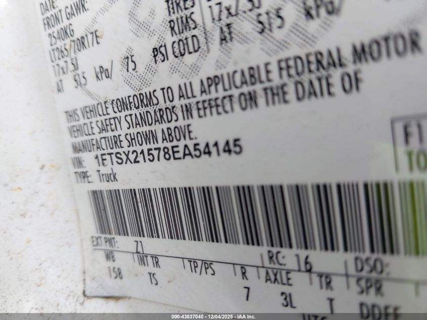 2008 Ford F-250 Fx4/Lariat/Xl/Xlt VIN: 1FTSX21578EA54145 Lot: 43837040
