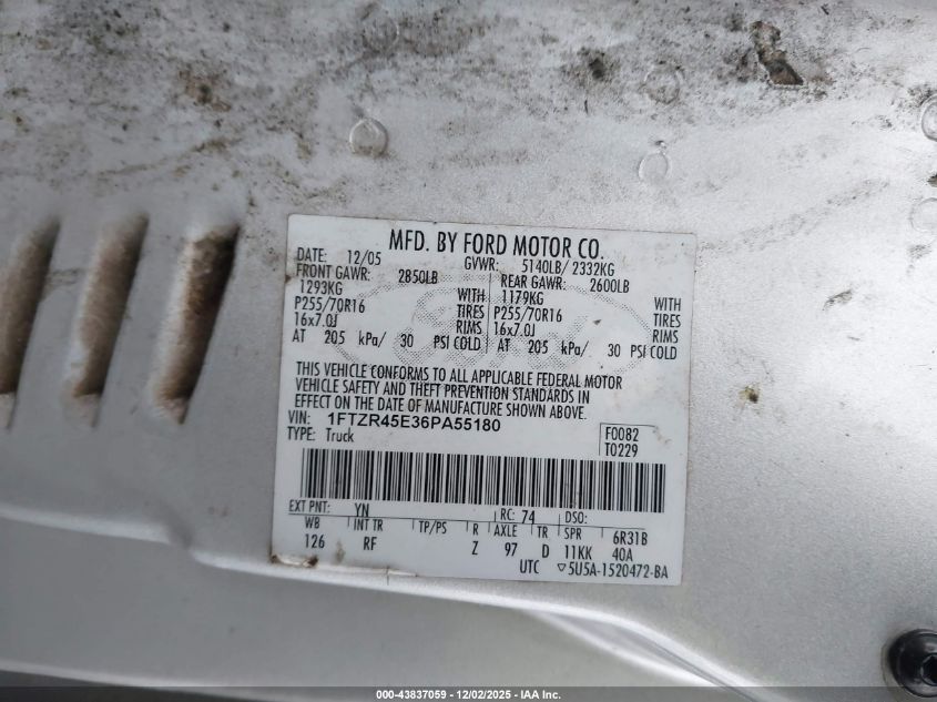 2006 Ford Ranger Fx4 Level Ii/Fx4 Off-Road/Sport/Xlt VIN: 1FTZR45E36PA55180 Lot: 43837059