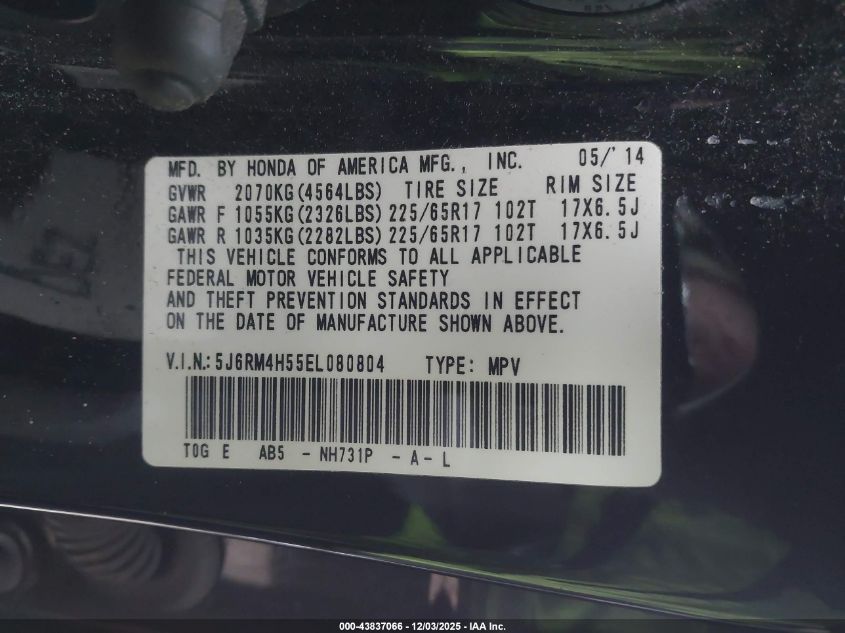 2014 Honda Cr-V Ex VIN: 5J6RM4H55EL080804 Lot: 43837066