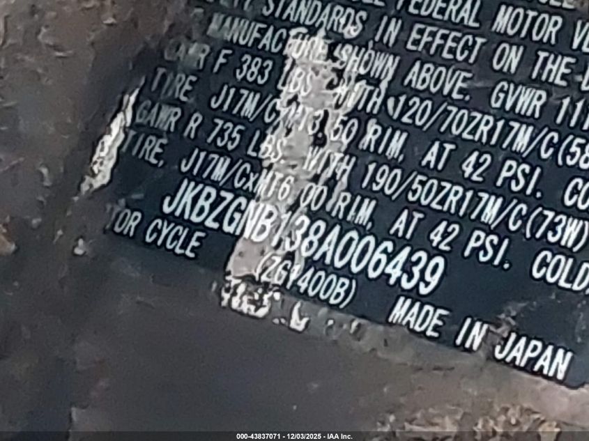 2008 Kawasaki Zg1400 B VIN: JKBZGNB138A006439 Lot: 43837071