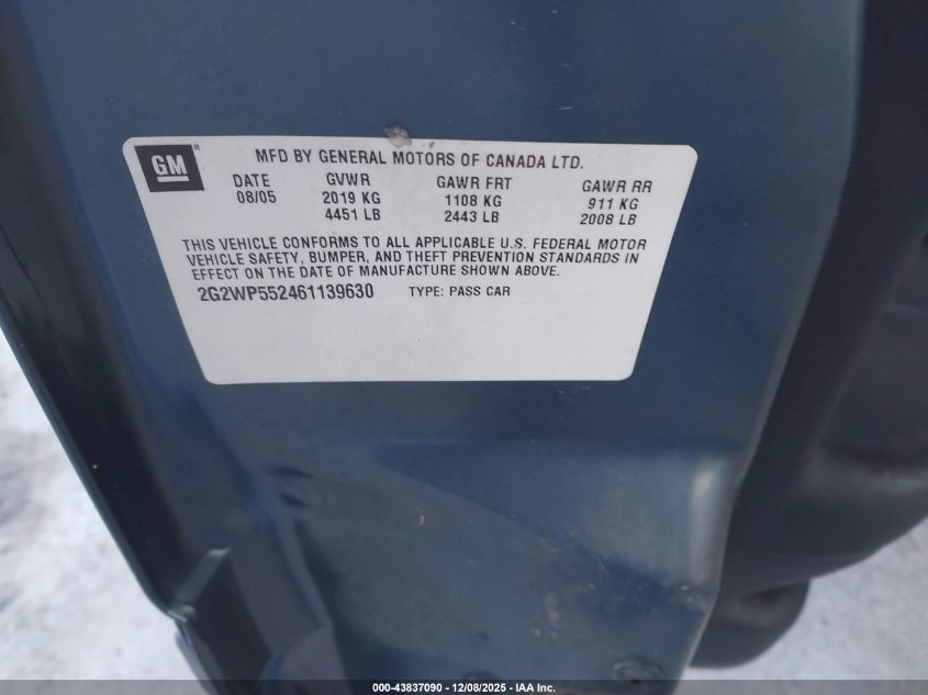 2006 Pontiac Grand Prix VIN: 2G2WP552461139630 Lot: 43837090