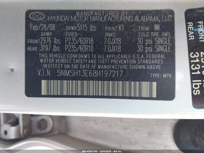 2008 Hyundai Santa Fe Limited/Se VIN: 5NMSH13E68H197217 Lot: 43837105
