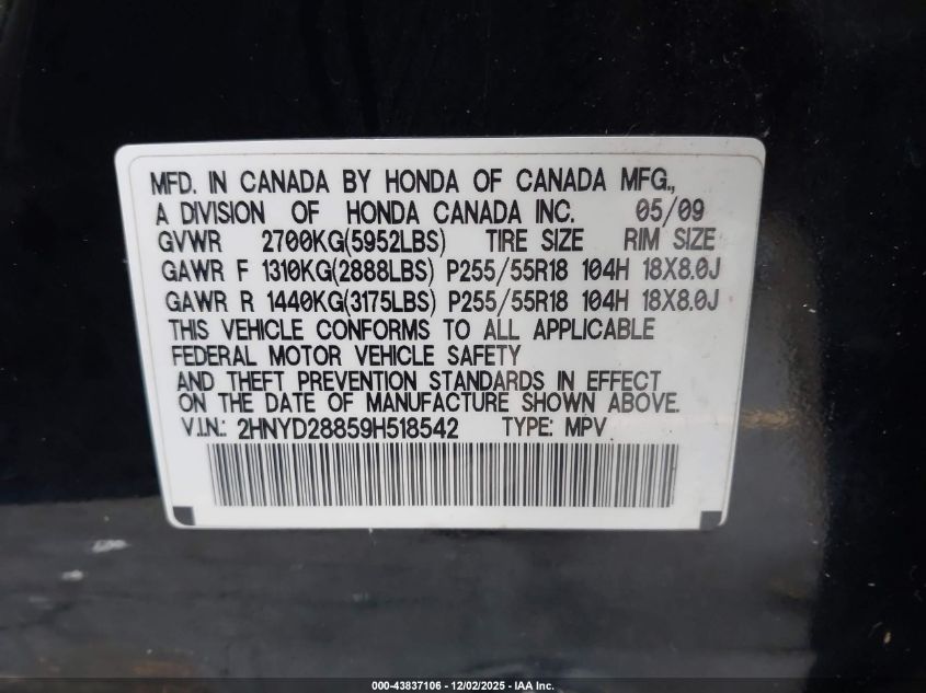 2009 Acura Mdx Sport Package VIN: 2HNYD28859H518542 Lot: 43837106