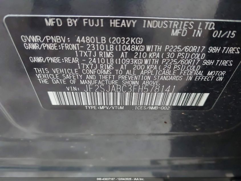 2015 Subaru Forester 2.5I VIN: JF2SJABC3FH578141 Lot: 43837107