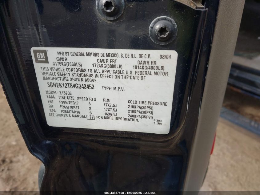2004 Chevrolet Avalanche 1500 VIN: 3GNEK12T84G343452 Lot: 43837108