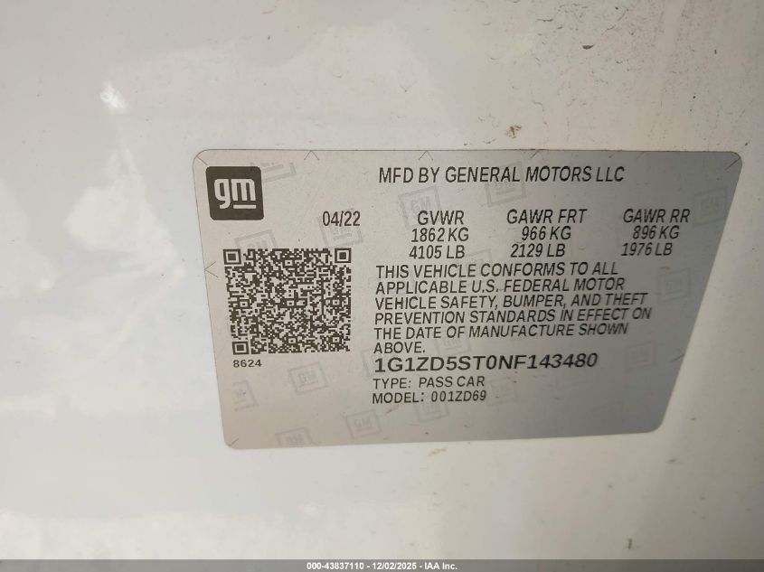 2022 Chevrolet Malibu Fwd Lt VIN: 1G1ZD5ST0NF143480 Lot: 43837110