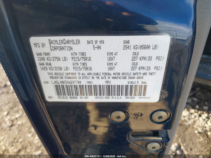 2004 Jeep Liberty Sport VIN: 1J4GL48K54W297704 Lot: 43837111