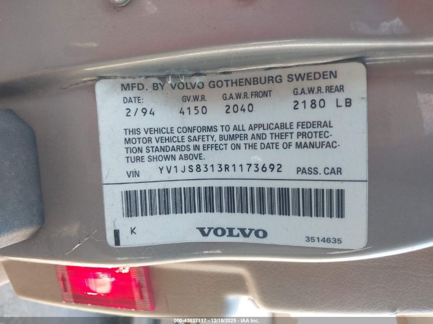 1994 Volvo 940 VIN: YV1JS8313R1173692 Lot: 43837117