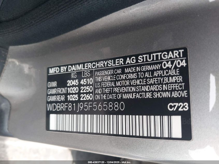 2005 Mercedes-Benz C 240 Luxury 4Matic VIN: WDBRF81J95F565880 Lot: 43837120