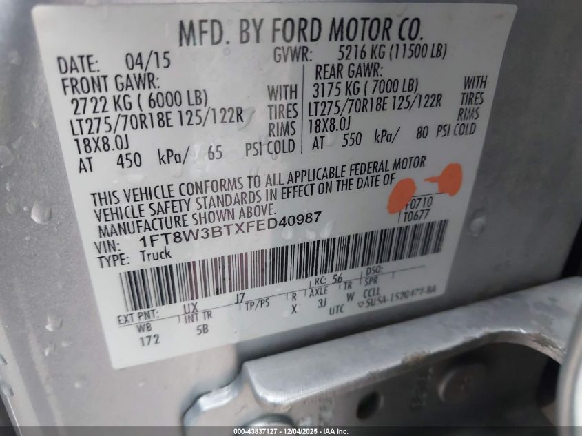 2015 Ford F-350 Lariat VIN: 1FT8W3BTXFED40987 Lot: 43837127