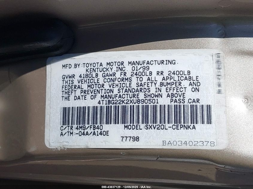 1999 Toyota Camry Le VIN: 4T1BG22K2XU890501 Lot: 43837129