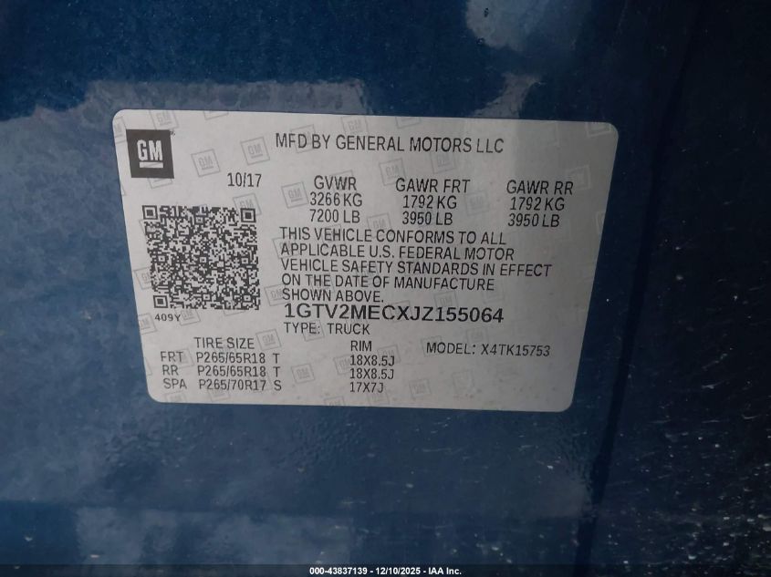 2018 GMC Sierra 1500 Sle VIN: 1GTV2MECXJZ155064 Lot: 43837139