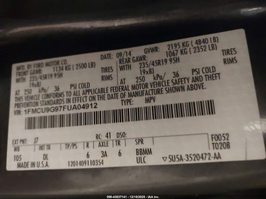 2015 Ford Escape Se VIN: 1FMCU9G97FUA04912 Lot: 43837141