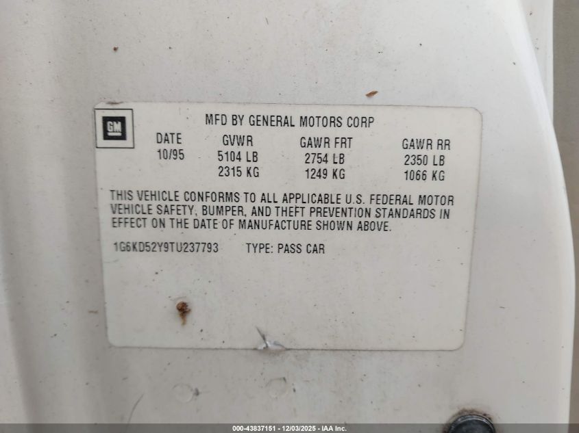 1995 Cadillac Deville VIN: 1G6KD52BXSU248084 Lot: 43837151