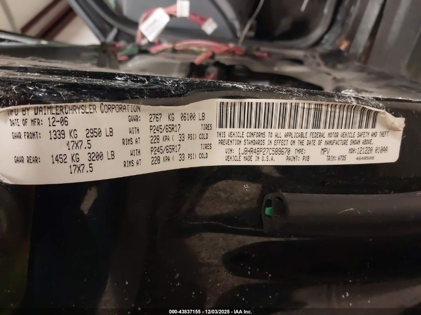 2007 Jeep Grand Cherokee Laredo VIN: 1J8HR48P27C589670 Lot: 43837155