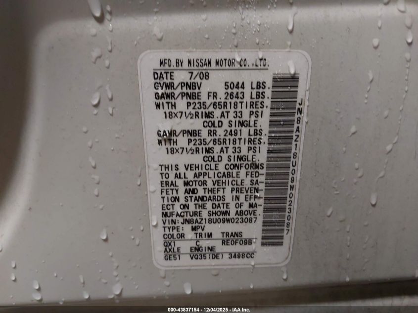 2009 Nissan Murano Sl VIN: JN8AZ18U09W023087 Lot: 43837154