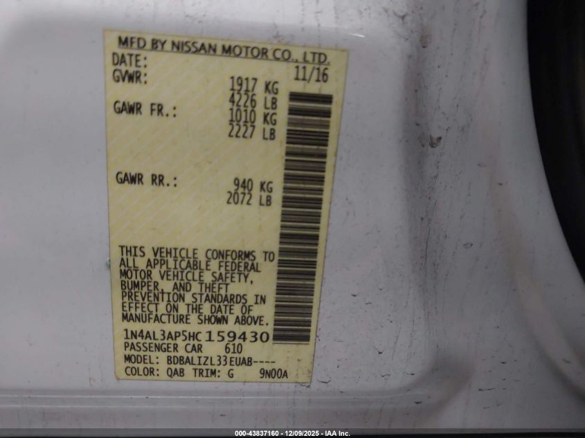 2017 Nissan Altima 2.5 Sv VIN: 1N4AL3AP5HC159430 Lot: 43837160