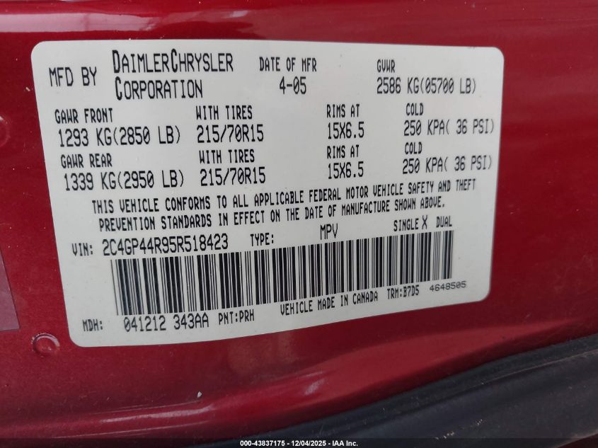 2005 Chrysler Town & Country Lx VIN: 2C4GP44R95R518423 Lot: 43837175