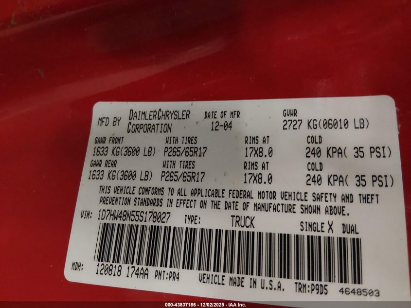 2005 Dodge Dakota Slt VIN: 1D7HW48N55S178027 Lot: 43837186