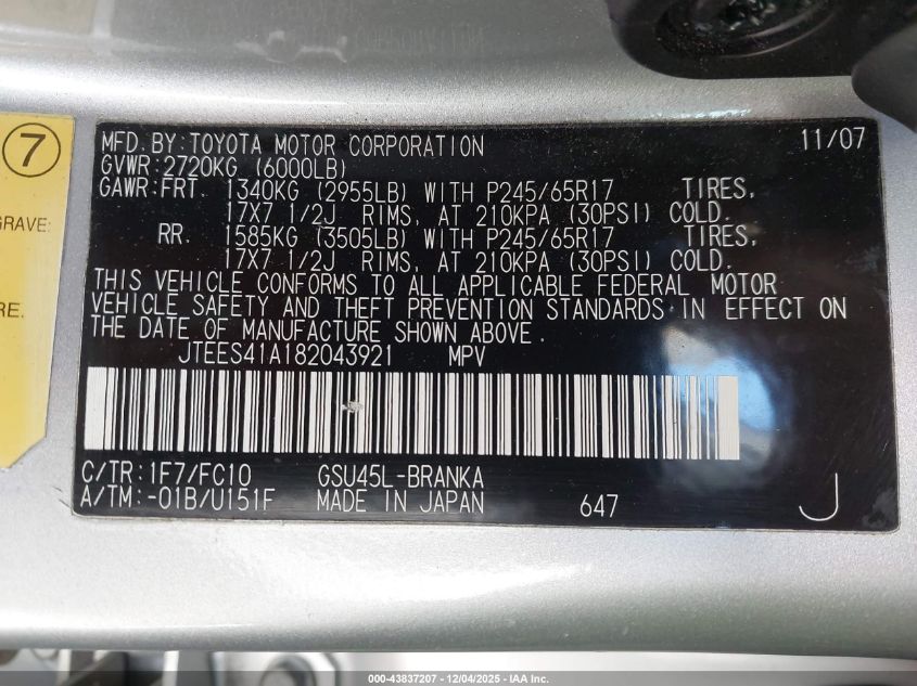 2008 Toyota Highlander VIN: JTEES41A182043921 Lot: 43837207