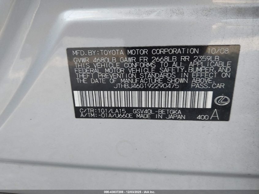 2009 Lexus Es 350 VIN: JTHBJ46G192290475 Lot: 43837208