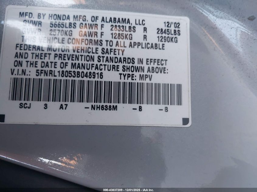 2003 Honda Odyssey Ex-L VIN: 5FNRL18053B048916 Lot: 43837209