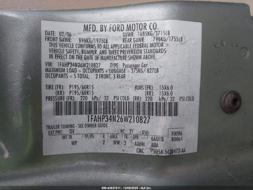 2006 Ford Focus Zx4 VIN: 1FAHP34N26W210827 Lot: 43837211