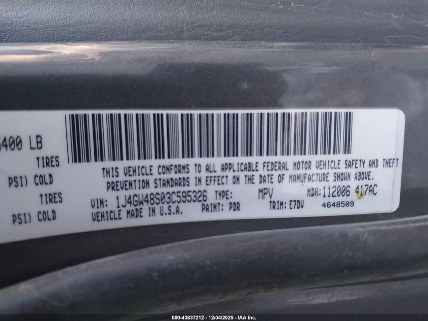 2003 Jeep Grand Cherokee Laredo VIN: 1J4GW48S03C595326 Lot: 43837212