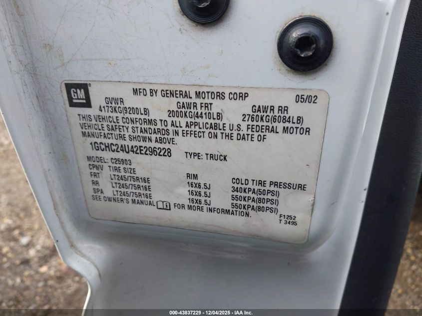 2002 Chevrolet Silverado 2500Hd VIN: 1GCHC24U42E296228 Lot: 43837229