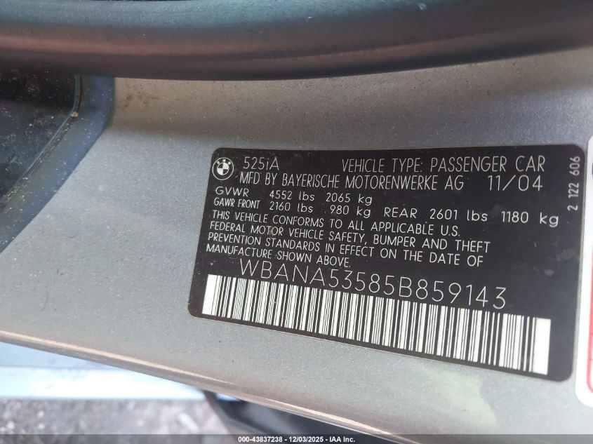 2005 BMW 525I VIN: WBANA53585B859143 Lot: 43837238