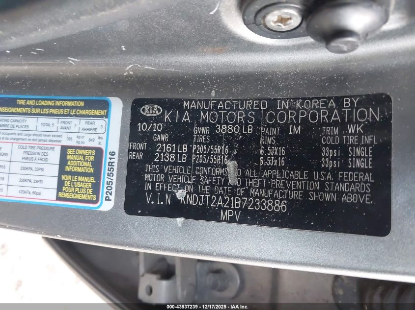 2011 Kia Soul + VIN: KNDJT2A21B7233886 Lot: 43837239