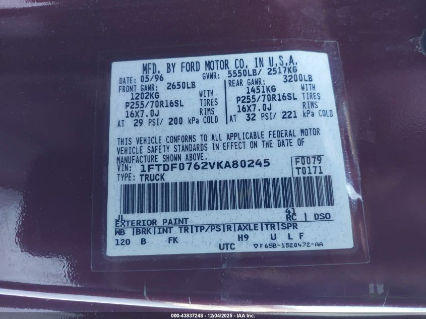 1997 Ford F-150 Lariat/Xl/Xlt VIN: 1FTDF0762VKA80245 Lot: 43837248